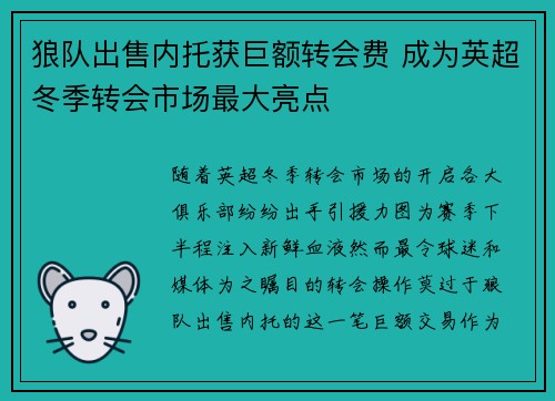 狼队出售内托获巨额转会费 成为英超冬季转会市场最大亮点