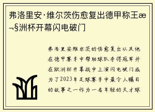 弗洛里安·维尔茨伤愈复出德甲称王欧洲杯开幕闪电破门